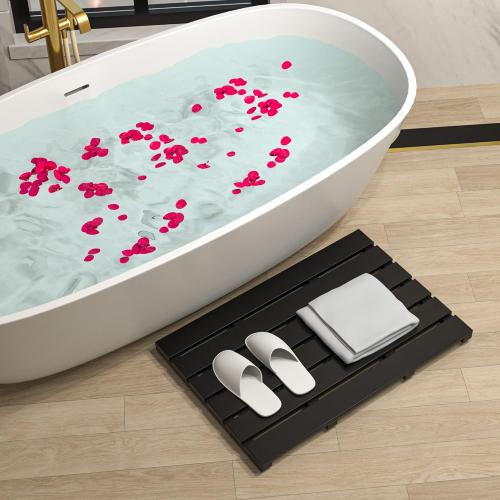 Black Bath Mat for Bathroom Luxury Shower - Non-Slip Bamboo Wooden Waterproof Floor Mat for Indoor or Outdoor Use(Black)