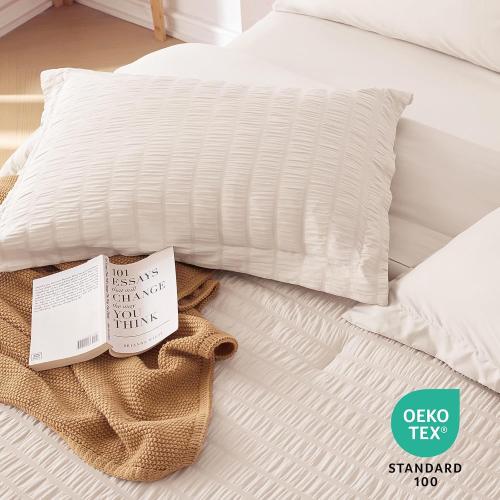 Beige Queen Size MUXHOMO 7 Pieces Queen Comforter Set, Seersucker Bed in a Bag Queen Size, All Season Luxury Bedding Set with Comforter, Flat Sheet, Fitted Sheet, Pillowcases & Shams, Beige