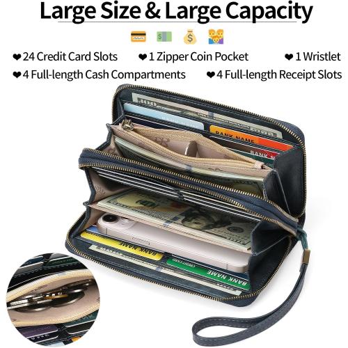 GAEKEAO Wallet for Women Clutch RFID Blocking Wristlet Leather Purse Large Capacity Credit Card Holder with Grip Hand Strap