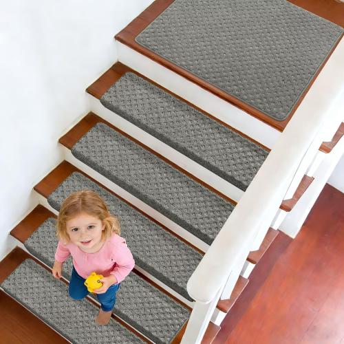 DEXDE Bullnose Carpet Stair Treads Non Slip for Wooden Steps Indoor, 30 x 9.5 x 1.7 (14 Pack) Grey - Peel and Stick Stair Runner Rugs with Edge Protection, Washable & Reusable Pet Friendly Mats