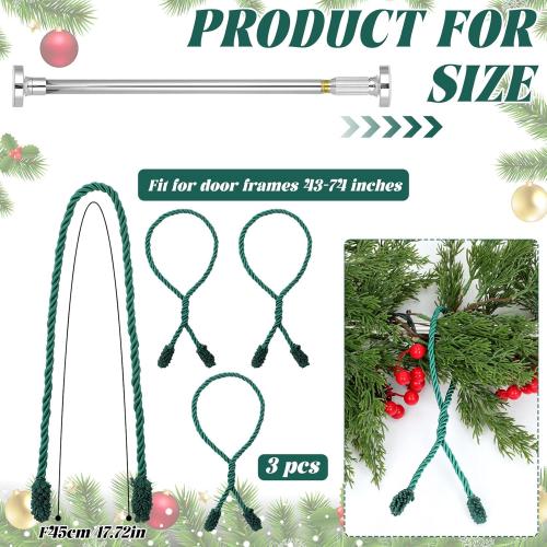 Leinuosen Christmas Front Door Garland Hanger 43-74 Inch Adjustable Christmas Wreath Hanger Stainless Steel Retractable Rod with 3 Green Tie Ropes No Nail Screw No Damage for Xmas DIY Hanging(Silver)