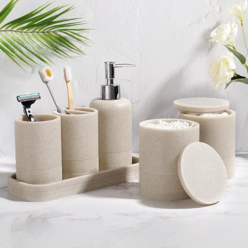 Bathroom Accessories Set, 6-Piece Bathroom Accessory Set, Toothbrush Holders Set, Soap Dispenser, Vanity Tray, Tumbler, Cotton Swab Jars, Bathroom Organizer for Modern Bathrooms(Beige)