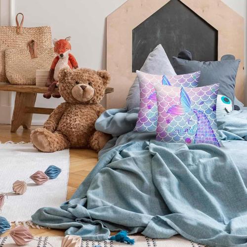 MUSOLEI Mermaid Pillow Cover,18x18 Pack of 2 Square Soft Mermaid Tail Blue Pillow Cases with Zipper Mermaid Nursery Decor Girl Bedroom Decor Little Mermaid Room Decor for Girls Couch Sofa Living Room