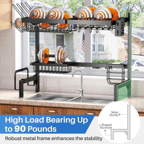 Over The Sink Dish Drying Rack - Adjustable Dish Rack for Kitchen Counter, Metal (Black)