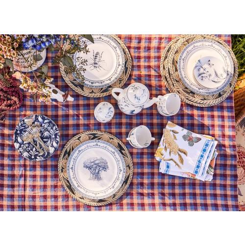 Set of 4 Blue and White Collectible Assorted Farm Animals, Veggies and Banyan Tree Dinner Plates 10.5 with Giftbox