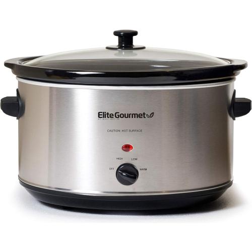 Elite Gourmet Stainless Steel Slow Cooker, Dishwasher-Safe with Tempered Glass Lid, Cool-Touch Handles, Removable Stoneware Pot, 8.5 Quart,MST-900V