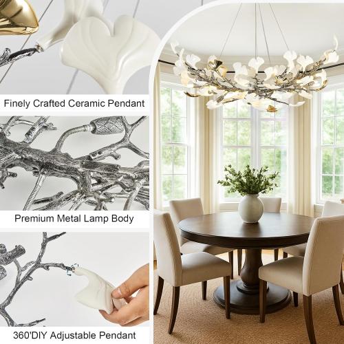 Modern Tree Branch Chandeliers for Dining Room,47 Rectangle Ceramic Ginkgo Leaf Chandelier, Dining Chandelier Over Table for Living (Bulb not Included)