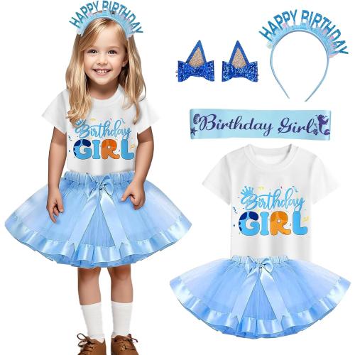 5T-6T Girls Blue Birthday Outfit Set, T-Shirt and Tutu Dress, Blue Headband and Satin Sash for Birthday &Christmas Party