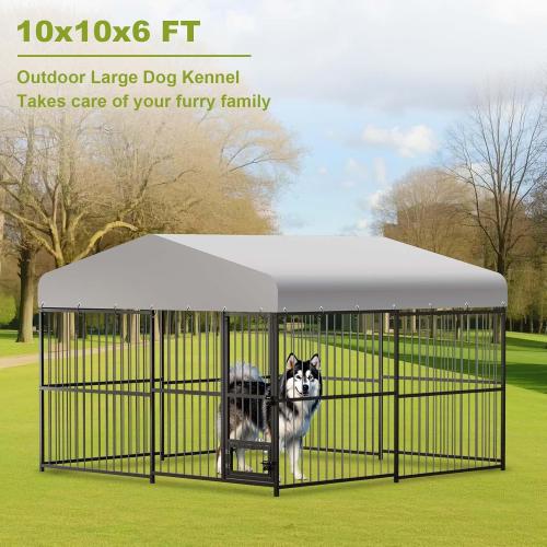 10x10x6 FT Outside Dog Kennel with Roof,Heavy Duty Outdoor Kennels for Large Dogs,with Uv-Resistant Waterproof Roof Covered Outdoor Dog Run,Lock,for Medium and Large Dogs,Easy Assembly