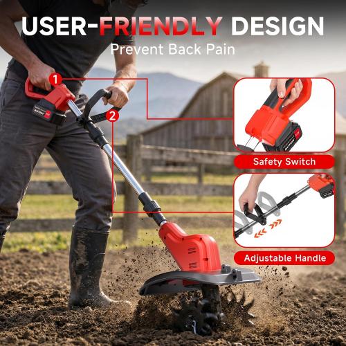 21V Cordless Tiller for Gardening, 120Mins Runtime Rototiller, 11.8 Width 6.6 Depth Garden Tiller, 360RPM Electric Cultivator for Lawn/Soil/Cultivation/Garden