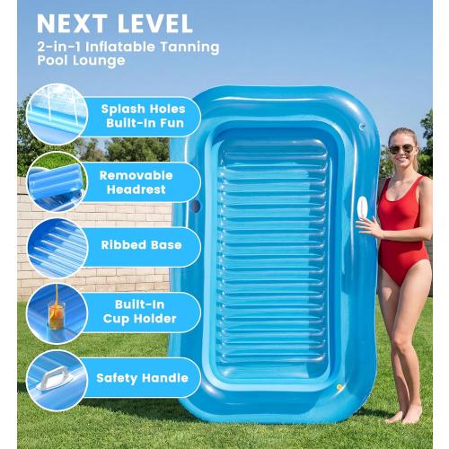 Inflatable Tanning Pool Lounger Float with Sprinkler, 77 x 48 XL Tanning Pool for Adults with Pillow & Cup Holder, 6 in 1 Suntan Tub Sunbathing Bed Pool Floats Adult for Backyard, Beach & Lake