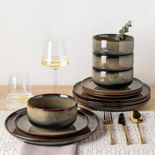 Set of 18 Color Brown TheTerra Ceramic Dinnerware Sets for 6, 18 Pieces Handmade Reactive Glaze Plates and Bowls Set, Scratch Resistant Dish Set, Oven & Microwave & Dishwasher Safe, Coca Mocha