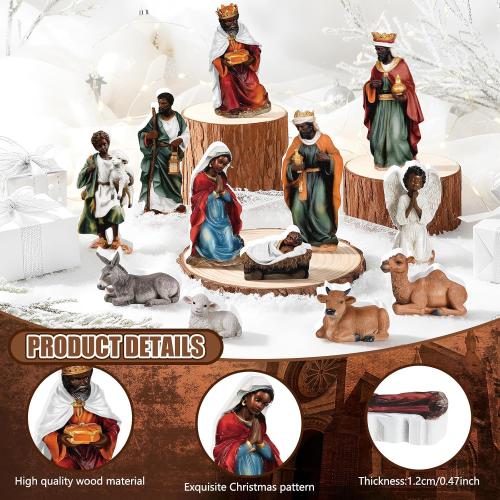 Thyle 12 Pcs African American Mini Nativity Scene Set for Christmas Indoor Decor Wooden Little Black Nativity People Set Mini Christmas Ornaments Gifts Xmas Tabletop Scenes Figures