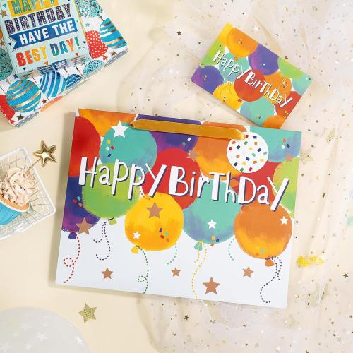 Loveinside Colorful Birthday Gift Bag, Balloons Pattern with HAPPY BIRTHDAY Text, Matching Tissue Paper, Greeting Card and Tag, Ideal for Kids' Birthday Gifts, 13 x 5 x 10, 1 Pcs