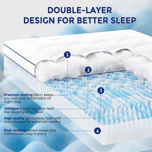 Vipfree King Dual Layer 4 Inch Memory Foam Mattress Topper, Relax Body, Relieve Pain and Aid Sleep - 2 Inch Fluffy Pillow Top King Mattress Topper and 2 Inch Cooling Gel Memory Foam, 2X Support