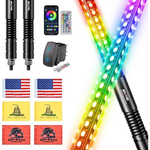 Ehaho 2 Pack 3FT LED Whip Light with Speed Sensing, Whip Lights with Spring Base, Tri-Sided RGB Illuminated Whip Light with Rocker Switch, App & Remote Control for UTV ATV Polaris RZR SXS Can-Am Truck