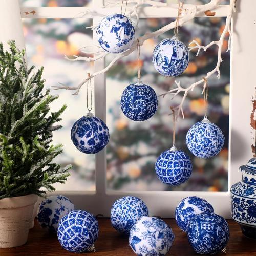 Preboun 12 Pcs Christmas Chinoiserie Ball Ornaments Blue and White Chinoiserie Tree Decoration Christmas Tree Hanging Ornaments Fabric Wrapped Home Xmas Decor for Modern Party (Blue,2.76 Inch)