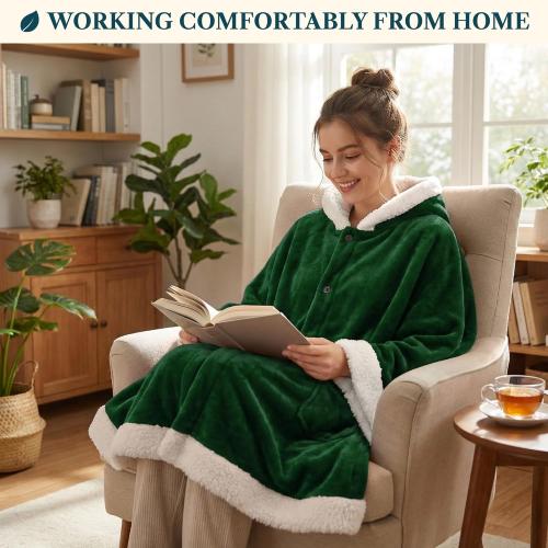PAVILIA Sherpa Fleece Wearable Blanket for Adult Women, Cozy Plush Blanket Poncho Cape with Hood, Super Soft Shawl, Angel Wrap Throw for Office, Emerald Green