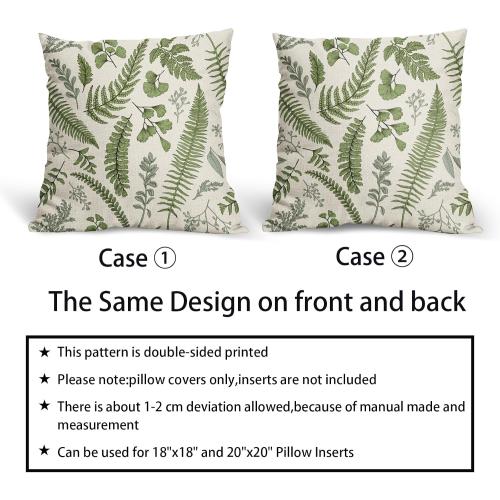 Sage Green Leaf Plant Pillow Covers 18X18 Inch Set of 2 Tropical Fern Herbs Botanical Leaves Floral Decorative Pillow Cases Vintage Cushion Case Farmhouse Home Decor For Couch Sofa Porch Outdoor