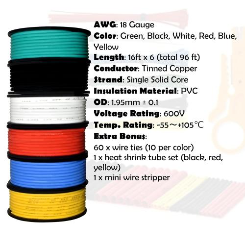 18 AWG Solid Core Hookup Wire Kit – 18 Gauge Copper Pre-Tinned PVC Coated 16ft or 5m Each Spool, 6 Colors (Black, Red, Yellow, Green, Blue, White), Jumper Electrical Wire Hook Up Wire Kit from Plusivo