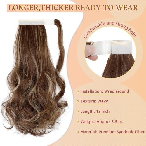 FELENDY 18 Ponytail Extension Curly Wavy Clip in Hairpiece Wrap Around Long Pony Tails Hair Extensions Synthetic for Women Ash Blonde Mix Light Brown