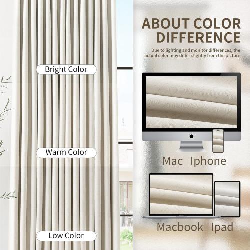 Joywell Extra Long 100% Blackout Linen Pinch Pleated Curtains 108 in Cream