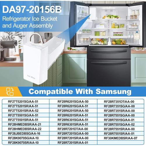 Upgraded DA97-20156B Refrigerator Ice Bucket Compatible with Samsung Ice Maker Replacement Ice Tray Parts DA97-20156A RF28R7201SR RF28R7351SR RF27T5201SR RF27T5201SG RF28HMEDBSR RF27T5501SR Ice Maker