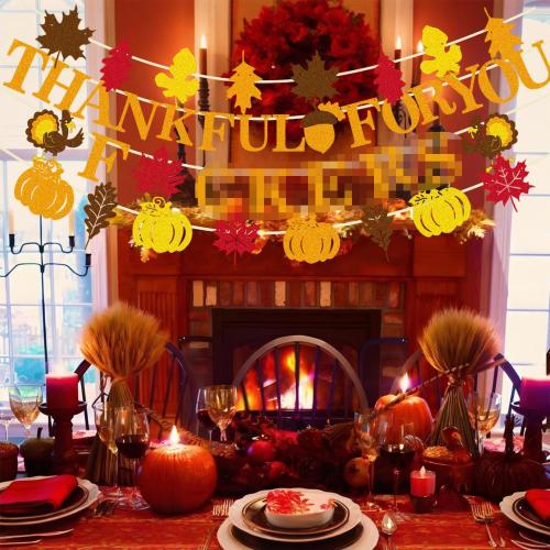 Pre-Strung Friendsgiving Banner - Thankful For You F Banner with Gold Glitter for Friendsgiving Party Decorations No DIY