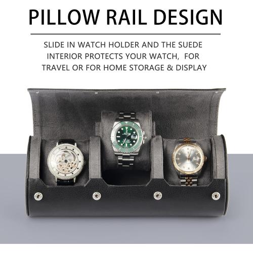 Watch Travel Case for Men: 3 Slot Watch Box Organizer Display Case - Portable Watch Storage & Travel Case - Watch Roll Fits All Wrist Watches & Smart Watches Up to 50mm (Black)