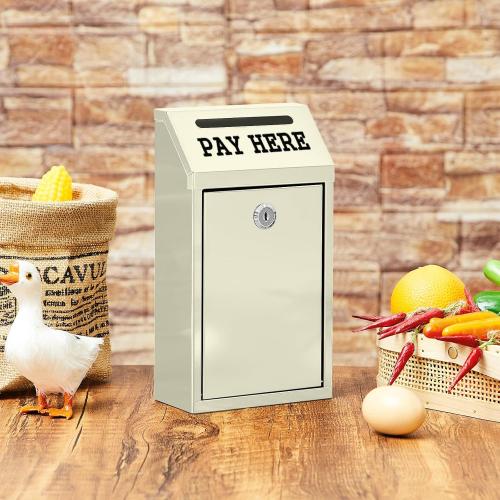 Yaocom Metal Money Cash Box,Beige,10.2 X 5.7 X 2.8 Inch | Wall Mount Pre-drilled Farm Stand Outdoor, Lockable Drop Slot for Donations, Pay Here Self-serve Safe Cash Lock Box