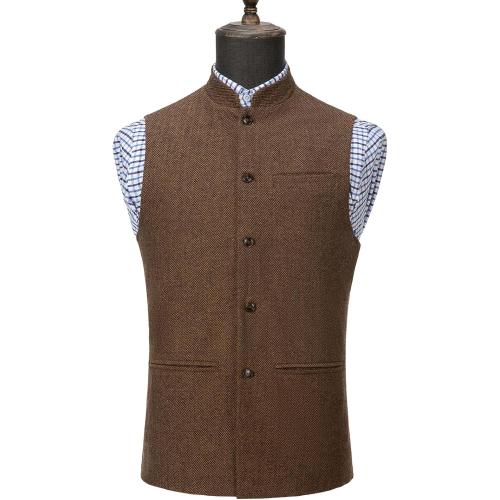 Tuikayoo Mens Herringbone Wool Vests Suit Business Tweed High Collar Waistcoats Slim Fit Size large