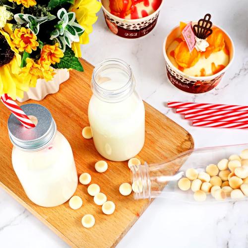 Yinkin 8 oz Clear Plastic Containers Plastic Milk Bottles Red White | 20 Set, with Straws, Metal Lids, for Dairy Milk, Party Bottle, for Juices, Shakes, Smoothies