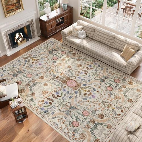 AMTOVO 8x10 Washable Area Rugs for Living Room, Non-Slip&Non-Shedding Large Soft Boho Floral Vintage Accent Print Carpet for Bedroom Dorm Dining Room Farmhouse Nursery Playroom Home Office, Beige