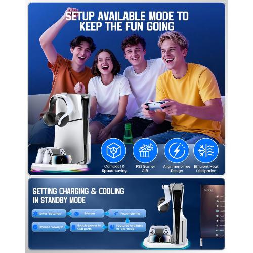 Cooling Station with Controller Charger for PS5/Slim/Pro, PlayStation 5 Vertical Stand for Disc & Digital Console, Dual PS 5 Controller Charging Station with 3 Level Cooling PlayStation 4 Chargers
