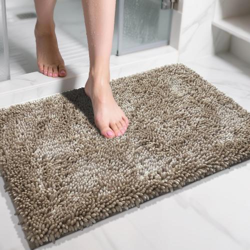 Yimobra Chenille Bathroom Rugs Non Slip, Extra Thick Soft Absorbent Bath Rug Medium Machine Washable Quick Dry Bath Mat for Bathroom Floor, Tub and Shower, Home Decor Accessories, Camel