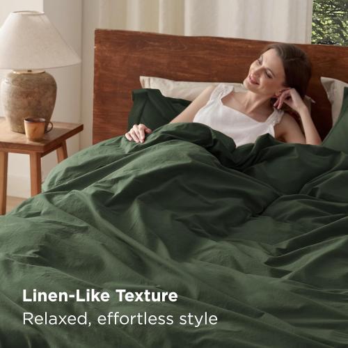 Bedsure 100% Washed Cotton Duvet Cover Queen Size - Olive Green Minimalist Cotton Duvet Cover Linen Like for All Seasons - GentleSoft™ Plain Simple Bedding (Olive Green, Queen, 90x90)