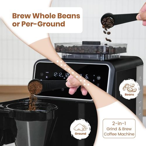 Gevi 10 Cup Drip Coffee Maker with Built-in Grinder, Grind ＆ Brew Burr Combo Coffee Machine with Touch Screen, Programmable, 4-Hour Warm Plate, Permanent Filter, Coffee Carafe