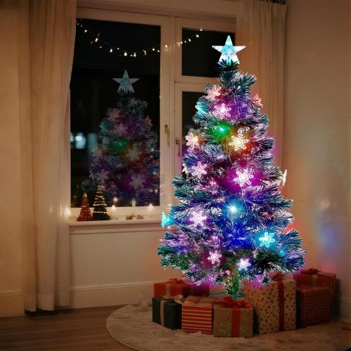 Prsildan 5 FT Artificial Christmas Tree, Pre-Lit Optical Fiber Xmas Trees with Multicolor LED Lights, Snowflakes & Top Star, Lighted Christmas Tree Holiday Home Decor