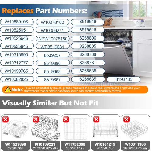 W10728159 Dishwasher Lower Dishrack Assembly, Compatible with kenmore whirlpool kitchenaid maytag, Replaces W10525646 W10082825 W10780925, Dishwasher Lower Rack with WP3376961 Wheels, 22D x 20.8W
