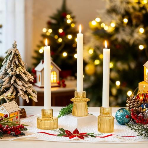 WELLIFE 3 Pcs Amber Glass Candle Holder, Taper Candle Holder, Amber Glass Candlestick Holder for Party, Wedding Decorations, Table Centerpieces and Thanksgiving