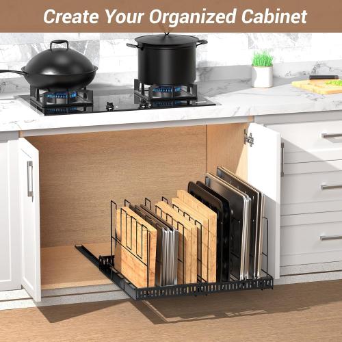 Housolution Pull Out Large Baking Tray and Cookie Sheet Organizer, 13-22 Width Expandable Cutting Board Holder with 8 Adjustable Dividers, 21.5 Deep Bakeware Storage Rack for Cabinet, Black