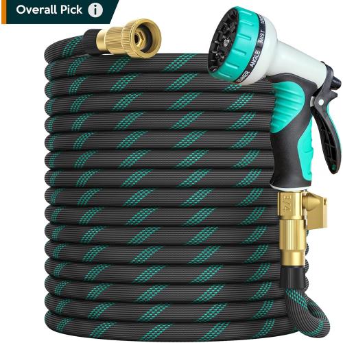 Garden Hose 50 ft, 2025 Upgarded Flexible Water Hose 50ft With 10-Pattern Spray Nozzle, Kink-Free, Lightweight, Durable, Leak-Proof Solid Brass Fittings (Black & Cyan)
