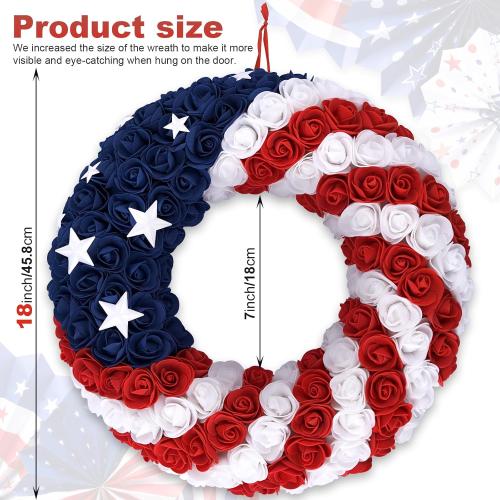 18Inch 4th of July Patriotic Roses Wreath, DILIBRA Red Blue White Foam Flower Wreath for Front Door, Artificial Memorial Day American Flag Wreath Garland Decoration for Indoor and Outdoor