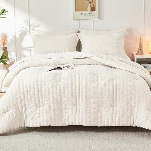 HYMOKEGE Ivory King Size Comforter Set Seersucker 7 Pieces, All Season Luxury Bed in a Bag for Bedroom, Bedding Set with Comforters, Sheets, Pillowcases & Shams