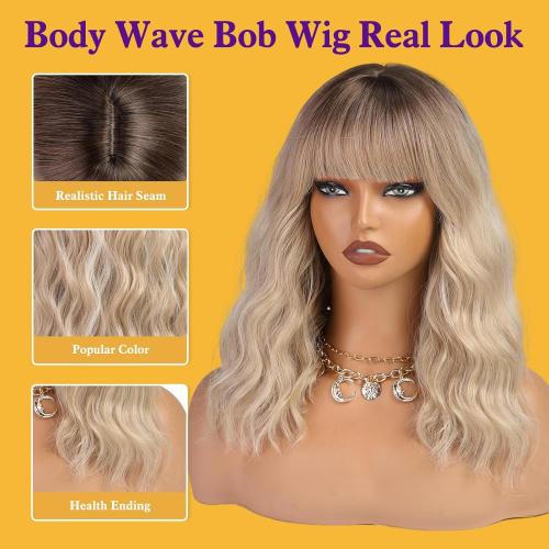 Curly Bob Wig with Bangs Short Wavy Ash Blonde Wigs for Women Lob Haircut Synthetic Heat Resistant Bob Wigs 14IN…