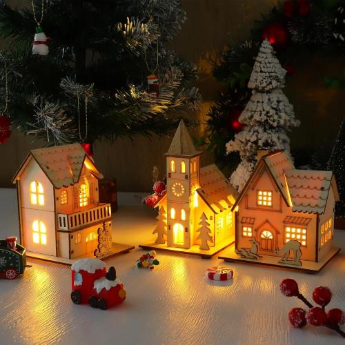 3 Pcs Christmas Village Houses: Led Light Wooden House with Battery, Unfinished Rustic Holiday Village Decor - Perfect for Christmas Table Centerpieces, Xmas Party Decorations,DIY Crafts
