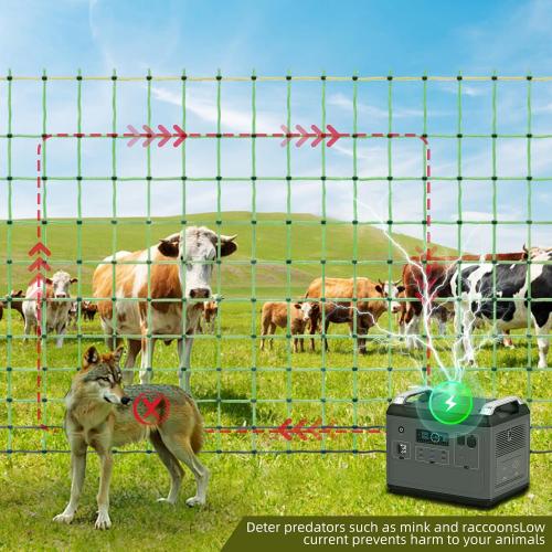Size Large Color Green and yellow Electric Fence Netting, Electric Livestock Netting with 14 Double Barbed Poles, Suitable for Pigs, Cows, Sheep and Other Large Animals, Portable Electric Fence for Farms, Ranches