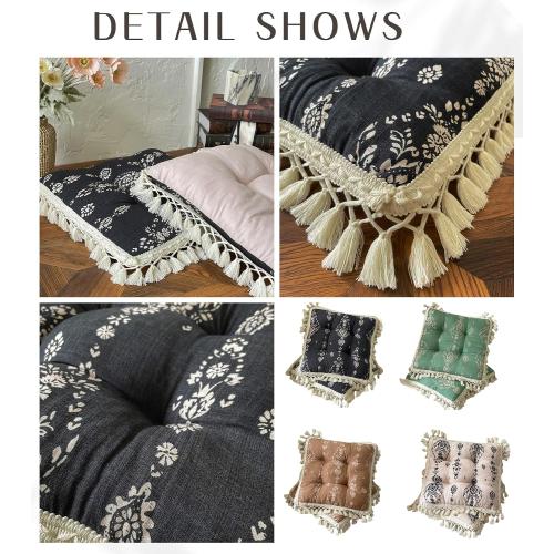 Set of 2 Floral Printed Chair Pads with Tassels Cotton Linen Square Chair Cushions Seat Cushion for Living Room Kitchen and Officewooden Chair (Black)