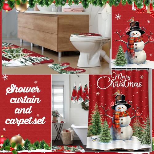 Vesici 7 Pcs Christmas Shower Curtain Set Merry Christmas Bathroom Curtain Non Slip U Shape Rugs Toilet Seat Cover Mat and 3 Towels Waterproof Watercolor Xmas Winter Bathroom Accessories