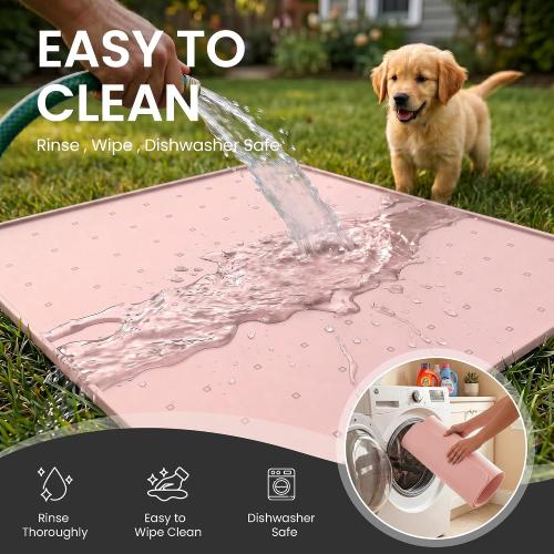 2 pack Silicone Pet Feeding Mat, 26x26 Inch Waterproof Dog Bowl Mat – Non-Slip, Machine Washable, Thin 0.23 Inch Edge for Messy Eaters, Protects Hardwood & Tile Floors, Pink